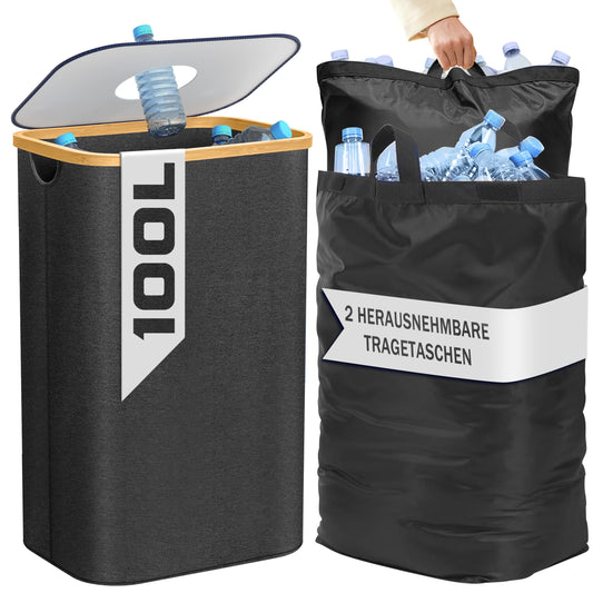 Deposit bottle collection container with 2 carrying bags, 100L bottle deposit container, bottle collector empty containers, empty container collection container, storage box, kitchen storage and organization (black)