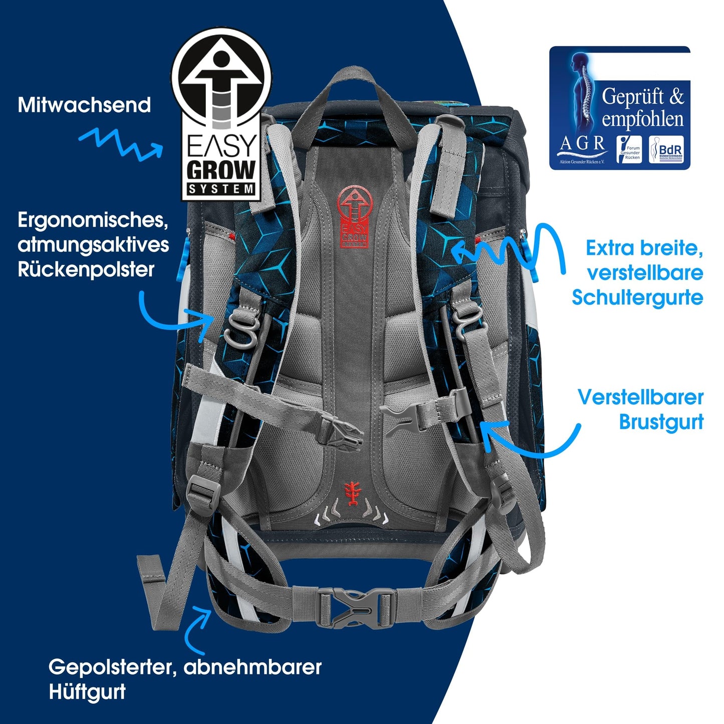 Step by Step school bag set "Space Shine Shark Dexter” 5-piece, ergonomic reflective material backpack, height-adjustable, for 1st grade onwards, 20L capacity, blue-black, shark-themed.