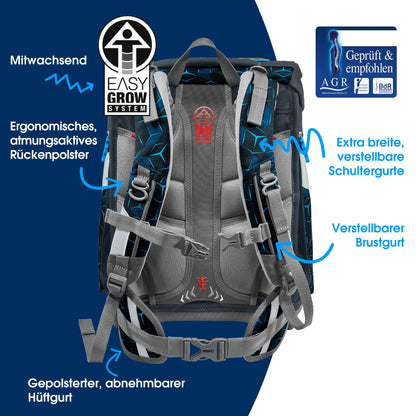 Step by Step school bag set "Space Shine Shark Dexter” 5-piece, ergonomic reflective material backpack, height-adjustable, for 1st grade onwards, 20L capacity, blue-black, shark-themed.