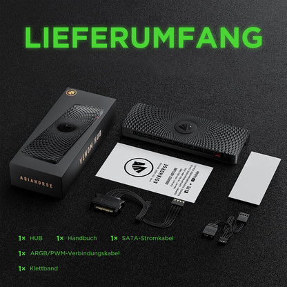 AsiaHorse 2 IN 1 ARGB/PWM 9 Ports Fan Hub, Distributor with SATA Power, PWM Function Fan Adapter, 12V4PIN-PWM and 5V3PIN-ARGB connectors, Motherboard control hub, Cable Management.