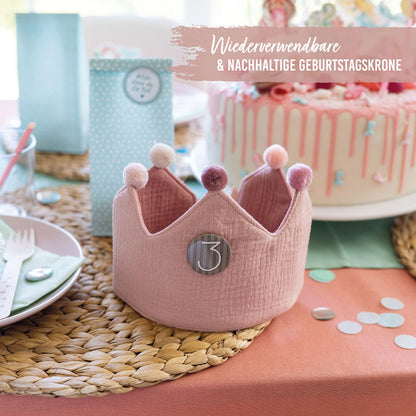 Paper Dragons Birthday Crown Muslin with Numbers - Pink - for Children's Birthday - Crown made of muslin fabric with button numbers from 1-8 | Party decoration hat for boys & girls