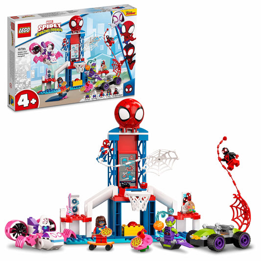 LEGO 10784 Marvel Spidey and His Super Friends Spider-Man's Headquarters, buildable toy with 2-in-1 car and plane, and 5 minifigures including Miles Morales, gift for kids.