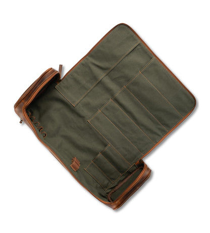Angus Stoke Premium Leather Knife Bag/Case | Extra large chef bag with many extras and storage space | Chef roll bag made of waxed vintage buffalo leather | Arvid chef bag (Walnut Brown)