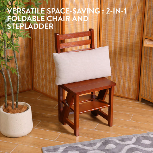 Navaris Folding Chair with Step Function - Chair 3-Step Ladder and Flower Stand in One - Bamboo Folding Chair Folding Step Stool - Kitchen Chair Foldable - Dark Brown