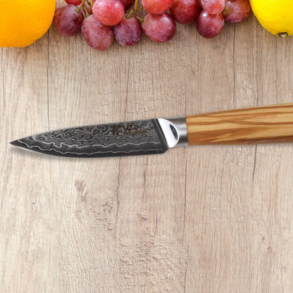 Wakoli Oribu Vegetable Knife Paring Knife Fruit Knife I 8.5 cm blade made of 67 layers of Damascus steel with AUS10 core I Olive wood handle I Sharp kitchen knife for vegetables, fruits & herbs I Gift box
