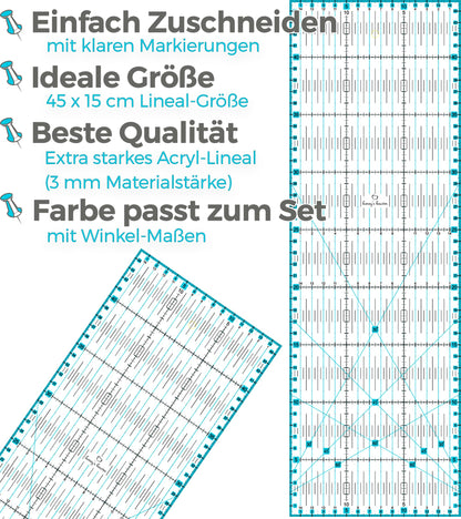 Honey's Heaven 45mm rotary cutter fabric cutter set including cutting mat, replacement blades, fabric clips, patchwork ruler (turquoise/mint, cutting mat in A2 size)