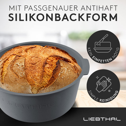 LIEBTHAL Cast Iron Pot Bread Baking - Durable bread pot with precise non-stick silicone insert - Pre-seasoned bread loaf pan with lid 4.6 L - Bread baking pot, roasting & stewing.