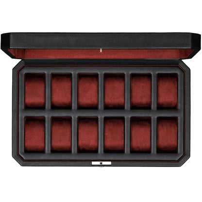 ROTHWELL 12 Slot Leather Watch Box - Luxury Watch Case Display Organizer, Men's Storage Boxes Holder Large Glass Top (Black/Red)