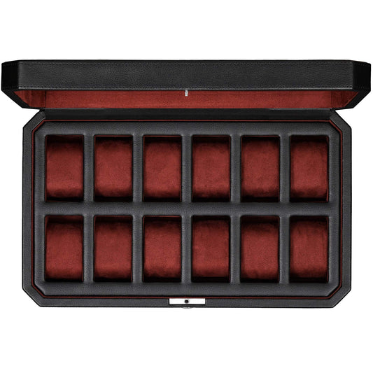 ROTHWELL 12 Slot Leather Watch Box - Luxury Watch Case Display Organizer, Men's Storage Boxes Holder Large Glass Top (Black/Red)