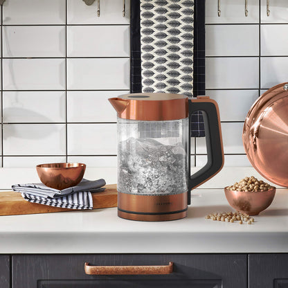 Arendo - Glass kettle stainless steel - 1.7 liters - 2200W - Cool Touch handle - One Touch closure - automatic shut-off - integrated cord storage - overheat protection - Copper design