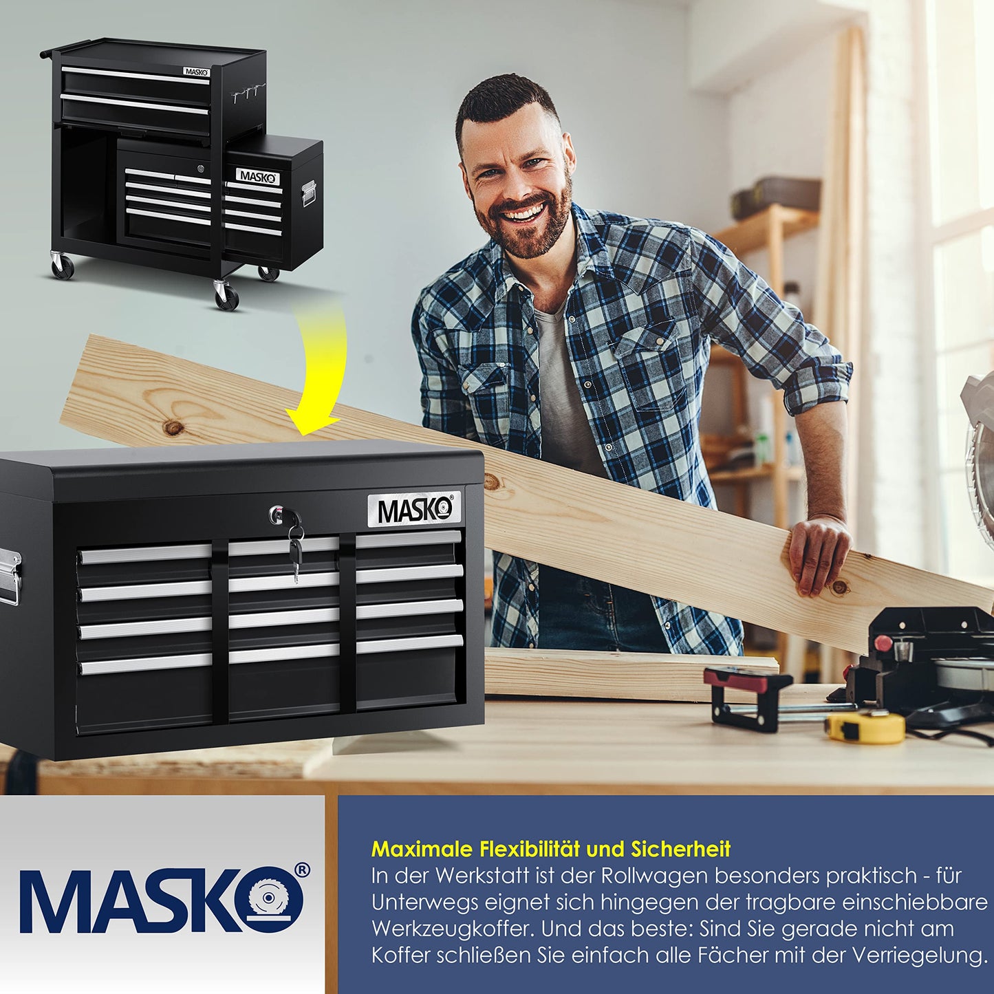 MASKO® workshop cart with toolbox - 9 compartments lockable | Solid metal | Mobile tool cart without tools | Professional | Tool storage trolley with lock | Black