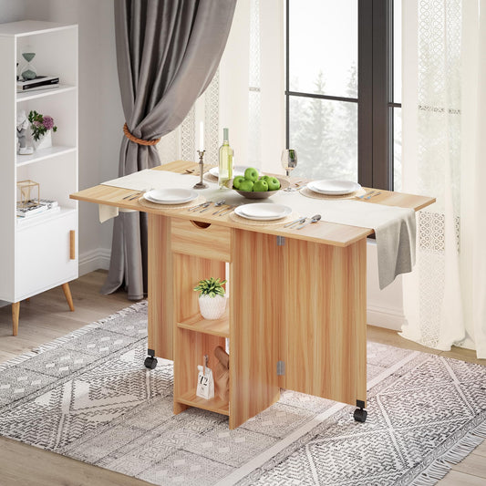 Mondeer Mobile Folding Table, Foldable Dining Table Suitable for Small Spaces with 1 drawer and 2 shelves for dining room and kitchen, 72 x 120 x 75 cm, Red Oak
