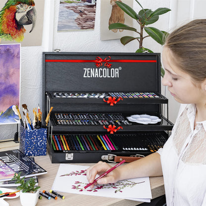 Zenacolor art set for adults (XXL) - 150-piece wooden case painting kit for artists - complete drawing and painting set - pastel chalk, acrylic paints, wax crayons, watercolor paints, pencils - 4 blocks