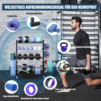 ZACHVO Dumbbell Rack, Multifunctional Stand for Dumbbells, Yoga Mat, Foam Roller, Kettlebell, and Yoga Block. Dumbbell Shelf for Home Gym with 4 Wheels and 8 Hooks.