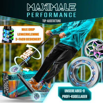 KESSER® Stunt Scooter GT-Limit 360° steering fun scooter stunt scooter with stand ABEC 9 bearings, 110 mm PU wheels, kick scooter push scooter trick roller for kids adults.