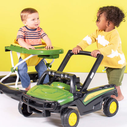 Bright Starts, John Deere Gator 4-in-1 Walk Behind Activity Toy features height-adjustable, foldable design for two kids, with sounds and lights.
