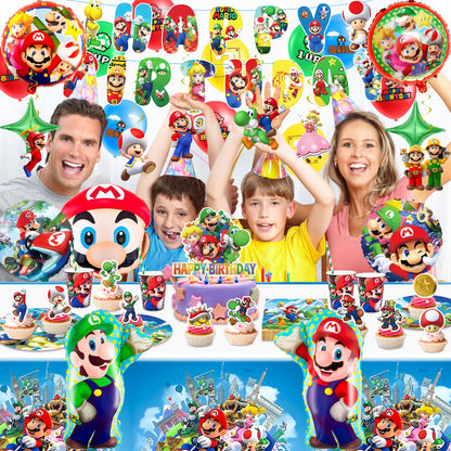 102Pcs Ma Rio paper plates children's birthday decor Super Bros birthday tableware set birthday decorations party tableware party decor tablecloth napkins plates and cups balloon banner cake decoration for 20 guests.