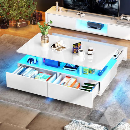 YITAHOME Coffee Table White, Living Room Table with 16-Color LED Lighting Modern, White Side Table with Open Display Shelf and 4 Extendable Drawers 90x55x41.1 cm