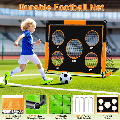 Gofady 2-in-1 Soccer Goal for Kids - Portable & Durable Soccer Goal with 5 Target Areas, Foldable Design, Carrying Bag, Garden, Park, Beach (Orange, 150 * 120 * 120cm)