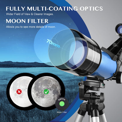 Aomekie Telescope Astronomy 70/400 Telescope for Kids Beginners Amateur Astronomers with Aluminum Tripod Smartphone Adapter and Moon Filter (40070)