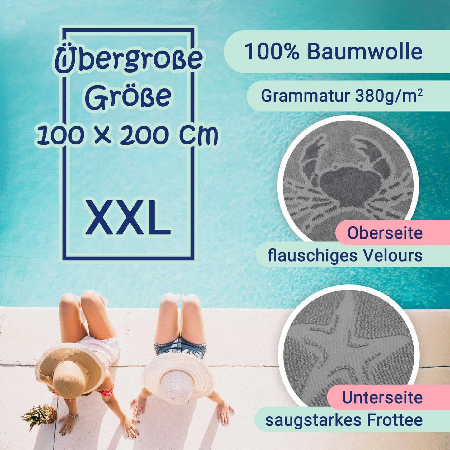 ZOLLNER beach towel - skin-friendly and absorbent in 100x200 cm - washable up to 60°C - cotton in grey - woven-in sea creature motifs - Oeko Tex® Certified