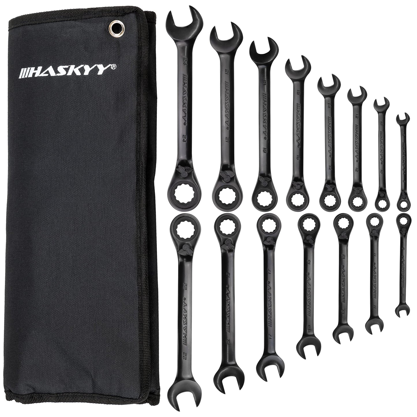 HASKYY 15-piece ring ratchet wrench set I Set 8-24 mm I BLACK I Ring combination wrench with ratchet set