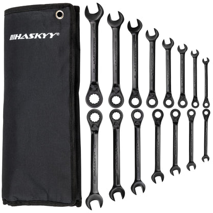 HASKYY 15-piece ring ratchet wrench set I Set 8-24 mm I BLACK I Ring combination wrench with ratchet set