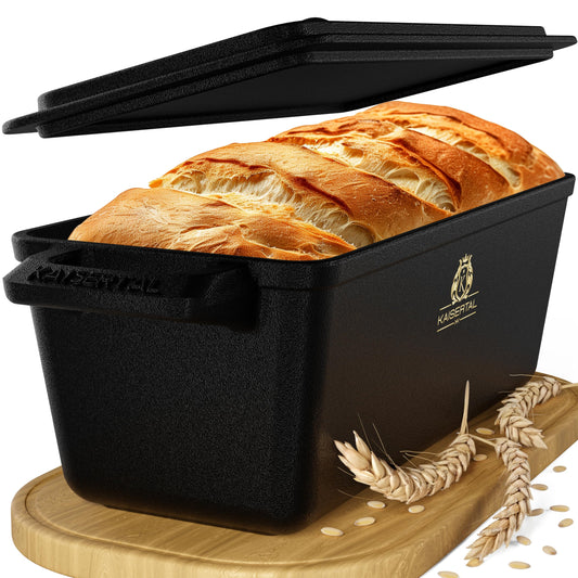 KAISERTAL Cast Iron Bread Baking Pan with Lid 28cm - Sturdy cast iron pot for baking bread - Ideal as bread mold, bread pot, loaf pan and bread baking molds - including baking accessories
