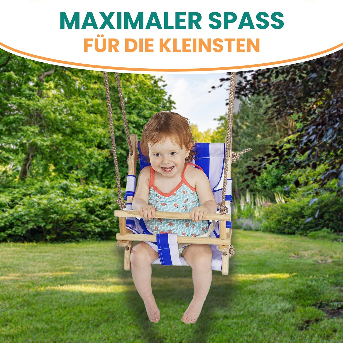 Garden Pirate baby swing made of wood and fabric blue/white 45x30x35 cm for baby toddlers swing seat wooden swing adjustable height weatherproof