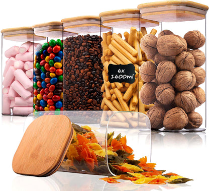 Deco house® set of 6 square glass jars with lids and labels - airtight glass storage containers with wooden lids for storing muesli and other goods.