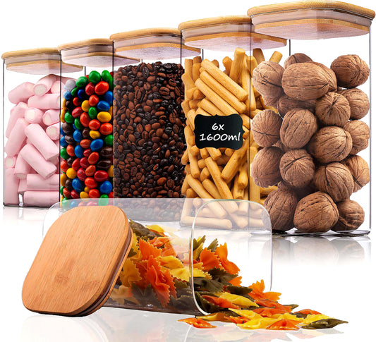 Deco house® set of 6 square glass jars with lids and labels - airtight glass storage containers with wooden lids for storing muesli and other goods.