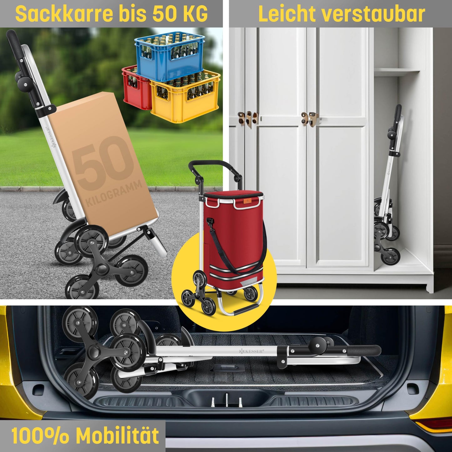 KESSER® Shopping Trolley Stair Climber with Cooler Compartment, foldable with 56L capacity and loadable up to 50kg | 3in1 trolley hand truck & shoulder bag | Foldable shopping cart including shopping chip, Bordeaux