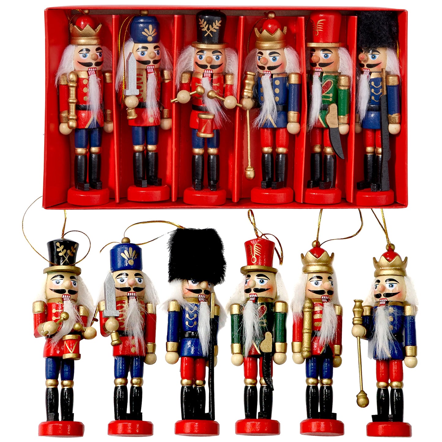 THE TWIDDLERS - 6 Traditional Christmas wooden Nutcrackers, 13cm - Soldier Ornaments Tree Decorations Christmas Tree Ornaments Christmas Decorations