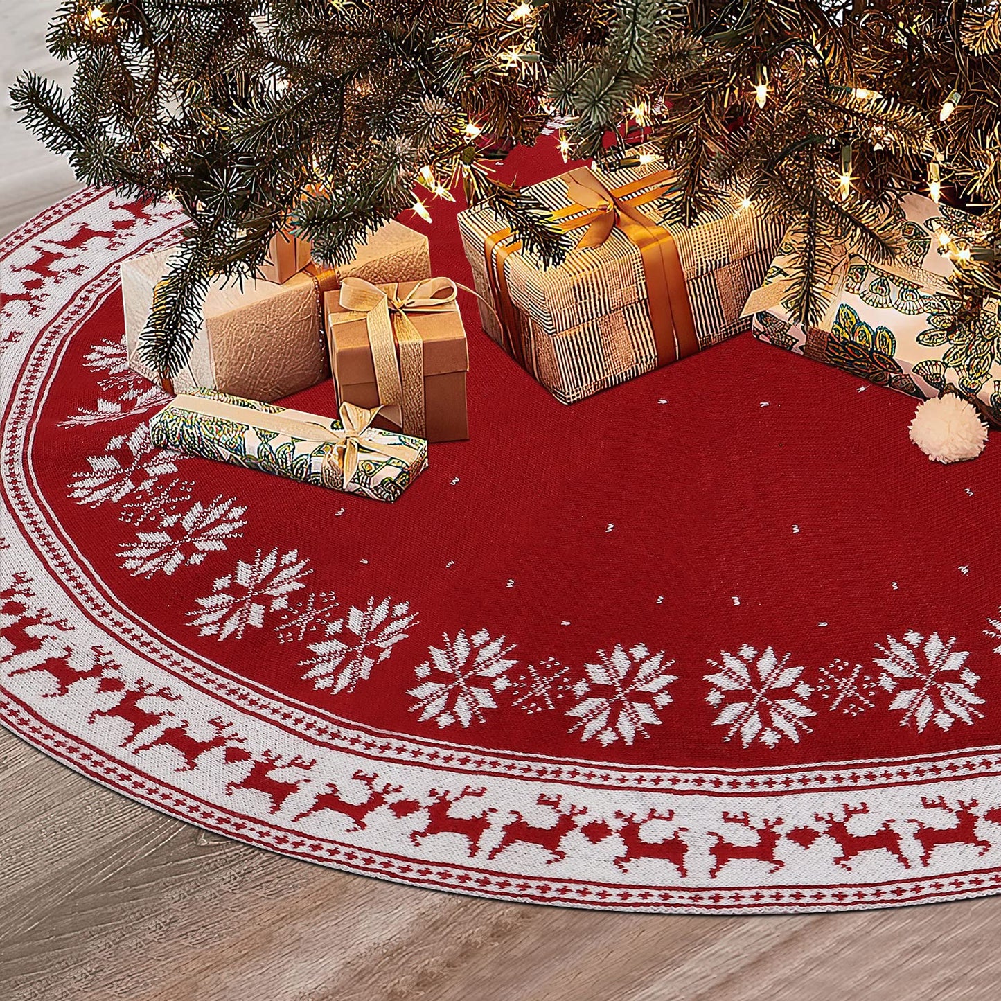 Dreamisland Large Christmas Tree Skirt, 122cm Red Knitted Christmas Tree Skirt Carpet Snowflakes Reindeer Tree Skirt Christmas Tree Skirt Round Tree Stand Mat Home Celebration Christmas Tree Decoration