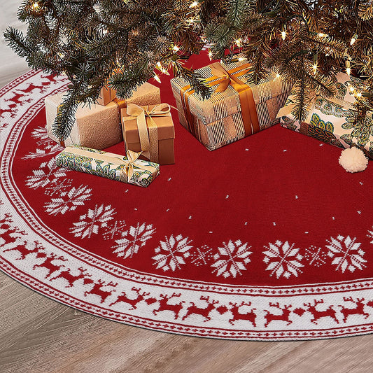 Dreamisland Large Christmas Tree Skirt, 122cm Red Knitted Christmas Tree Skirt Carpet Snowflakes Reindeer Tree Skirt Christmas Tree Skirt Round Tree Stand Mat Home Celebration Christmas Tree Decoration