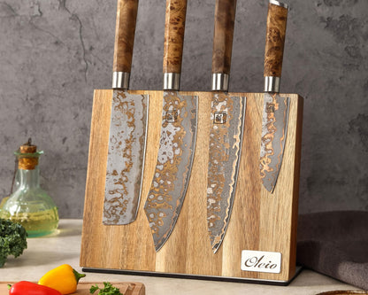 Oleio Magnetic Knife Block - Kitchen organizer made of acacia wood with magnetic strip for up to 6 knives - stainless steel base & non-slip pad - 3.8 cm thick knife block without knives - knife stand