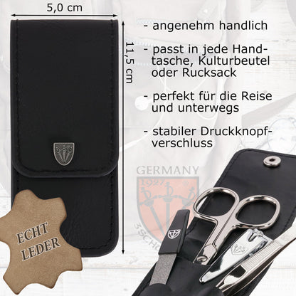 THREE SWORDS - 4-piece Nail Care Set 'Capri' | High-quality nail case for manicure and pedicure. Color: Genuine Leather Black | Contents: Nail scissors, nail clipper, tweezers, sapphire nail file
