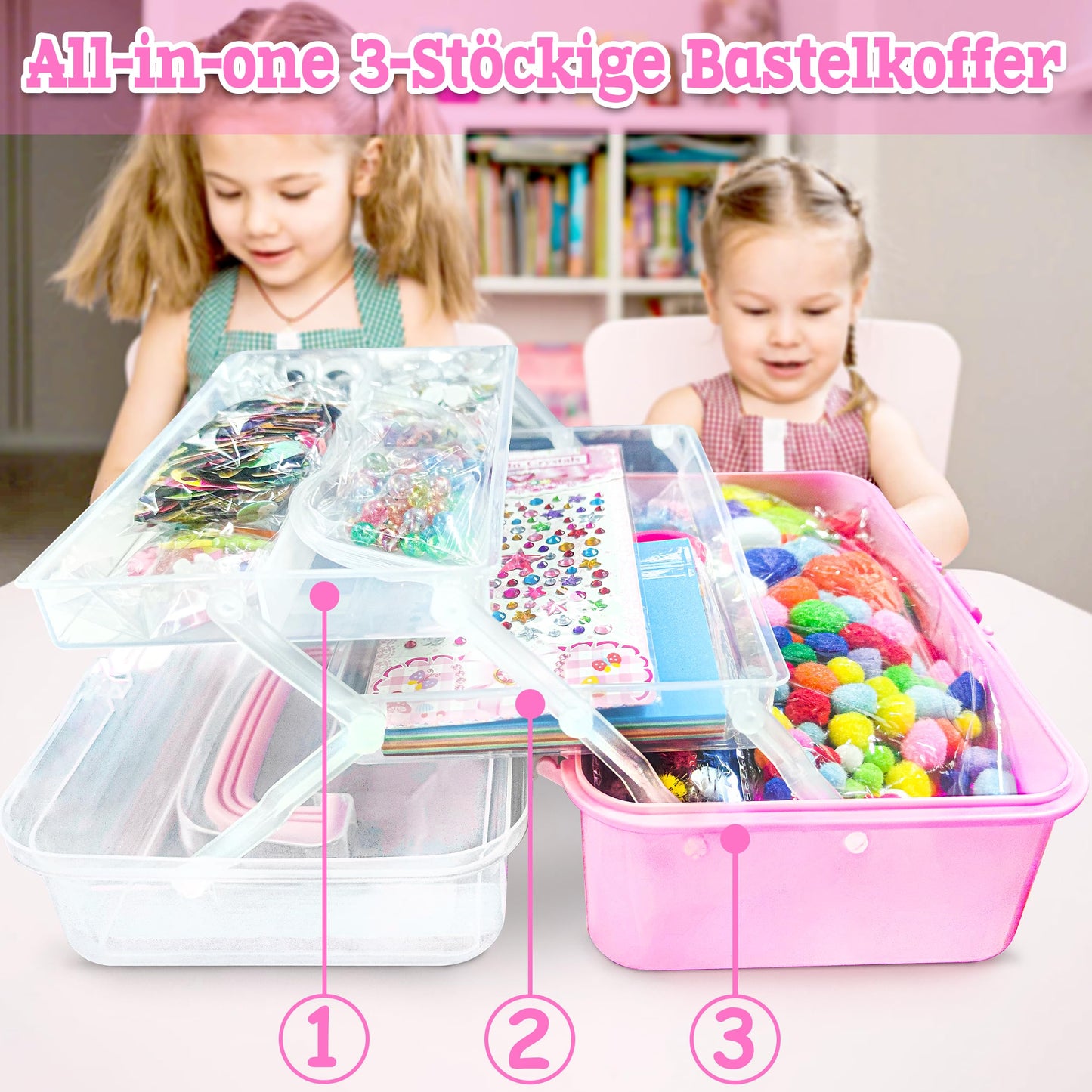 LINAYE 3000+ pcs crafting set for kids includes pom poms, pipe cleaners, and scrapbooking materials. Perfect gift for boys and girls aged 4 to 10. Crafting essentials in a pink carrying case.