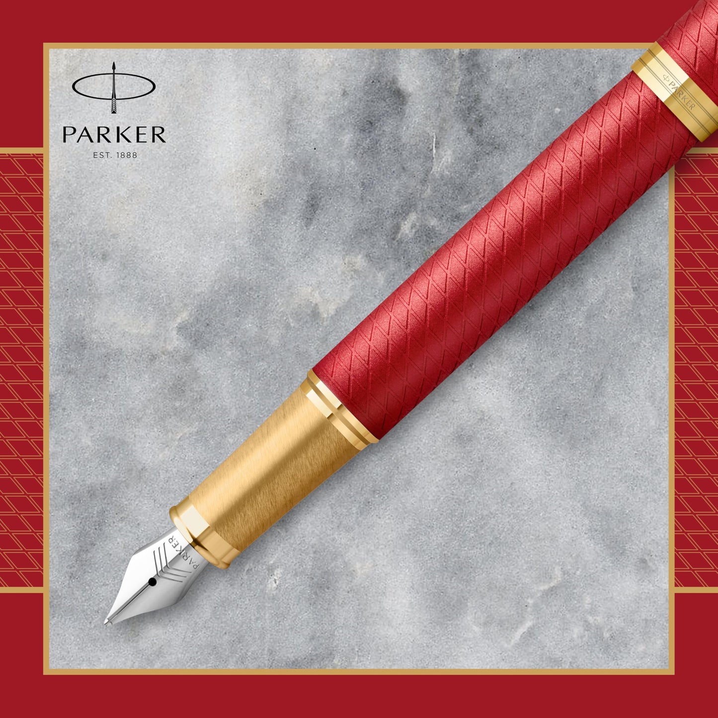 Parker IM Red Premium Lacquer Fountain Pen with Gold Trim | Fine nib and blue ink | Comes in a gift box