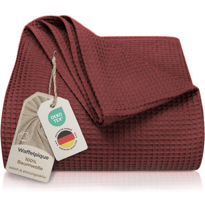 LAYNENBURG Premium daybed 240 x 260 cm XXL - waffle pique 100% cotton - light summer cover waffle pattern - cotton bed throw, sofa throw, couch throw - sofa blanket (mahogany)