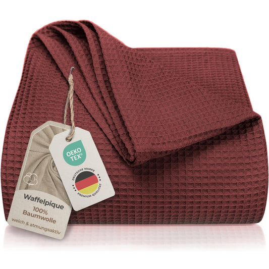 LAYNENBURG Premium daybed 240 x 260 cm XXL - waffle pique 100% cotton - light summer cover waffle pattern - cotton bed throw, sofa throw, couch throw - sofa blanket (mahogany)