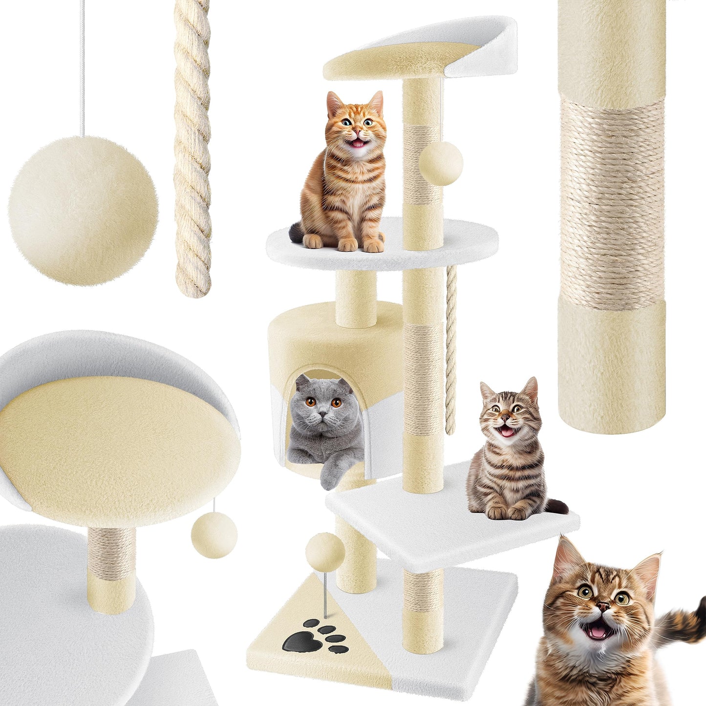 LOVPET® Cat Tree Climbing Tree, with sisal poles, stable, with cave, play balls, playing sisal & play rope, height 112cm, with many cuddling and playing opportunities, Beige/White