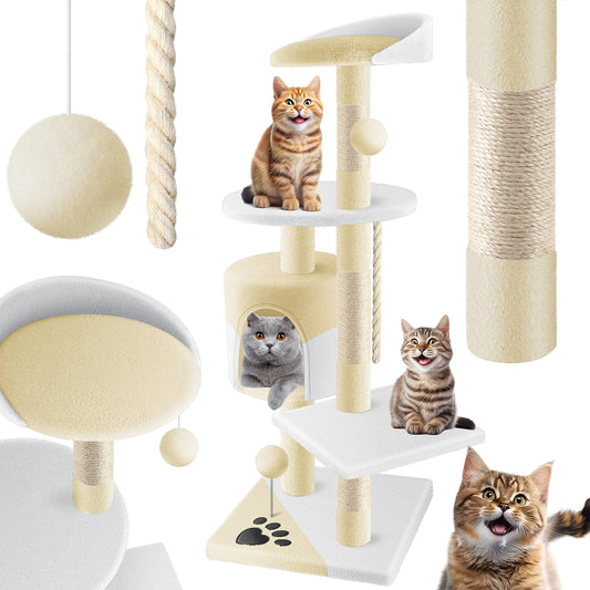 LOVPET® Cat Tree Climbing Tree, with sisal poles, stable, with cave, play balls, playing sisal & play rope, height 112cm, with many cuddling and playing opportunities, Beige/White