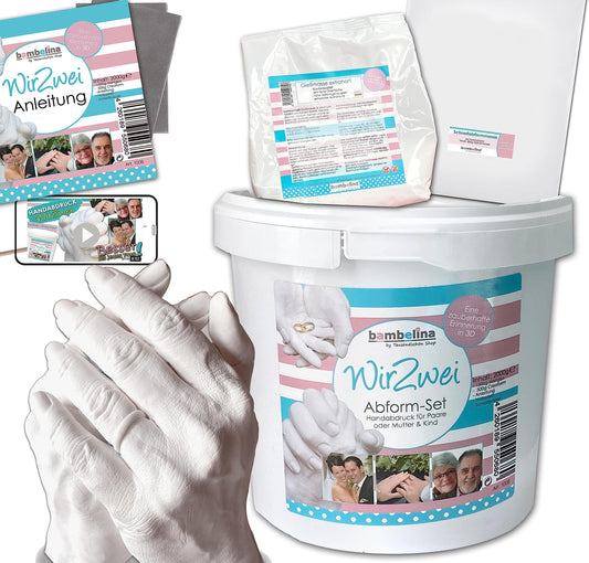 Bambelina plaster casting kit - 3D handprint for couples and siblings - German product - natural alginate for sensitive skin. Perfect gift for wedding, Valentine's Day, anniversary.