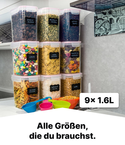 Deco house® storage containers 9 piece set 1.6L - kitchen storage box airtight storage container - plastic storage containers with lid - storage jars for storing pasta, cereal, flour
