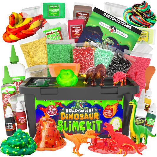 Original Stationery Dinosaur Slime Kit, slime lab set for boys to create glow in the dark slime, butter slime, and dino poop slime, great gifts for kids.