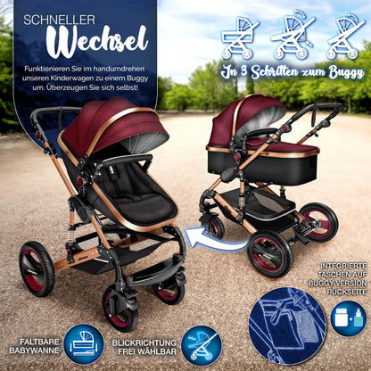 KIDUKU® 3 in 1 stroller XXL complete set | Combination stroller set including baby tub, buggy seat & car baby seat footmuff | Full rubber tires changing bag hand warmer rain cover children's table ECE R129
