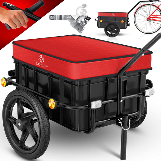KESSER® Bike trailer, cargo trailer, hand cart with coupling, high drawbar, for transporting bikes. Transport box with 70 liters volume, max. 60kg, + accessories for bikes with 26-28 inches, red.