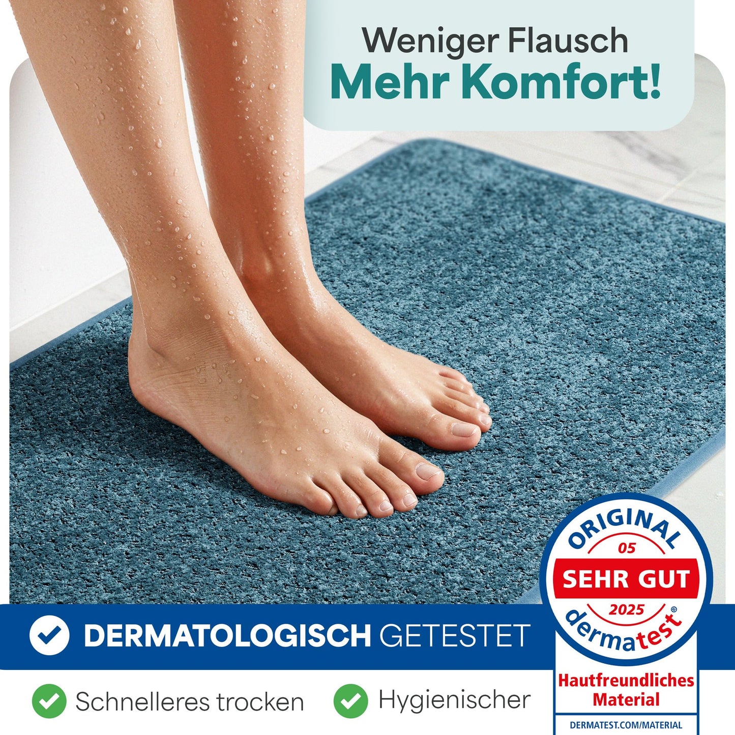 Grounded® bath mat blue - non-slip & washable - absorbent bathroom mat - hygienic shower mat - bath mat non-slip washable 60x90 cm quick-drying