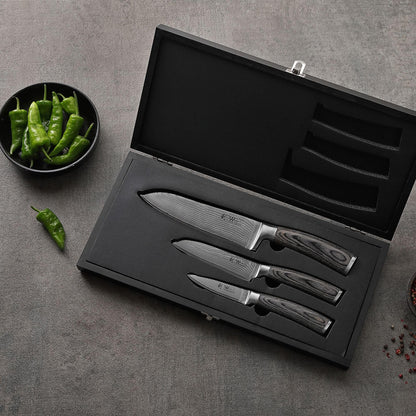 Wakoli Edis Damascus Knife Set 3-piece I Santoku Knife large and small plus Vegetable Knife Utility Knife made of 67 layers of Damascus steel with VG10 core 60±2 HRC I Pakka wood handle I Kitchen knife set in wooden box